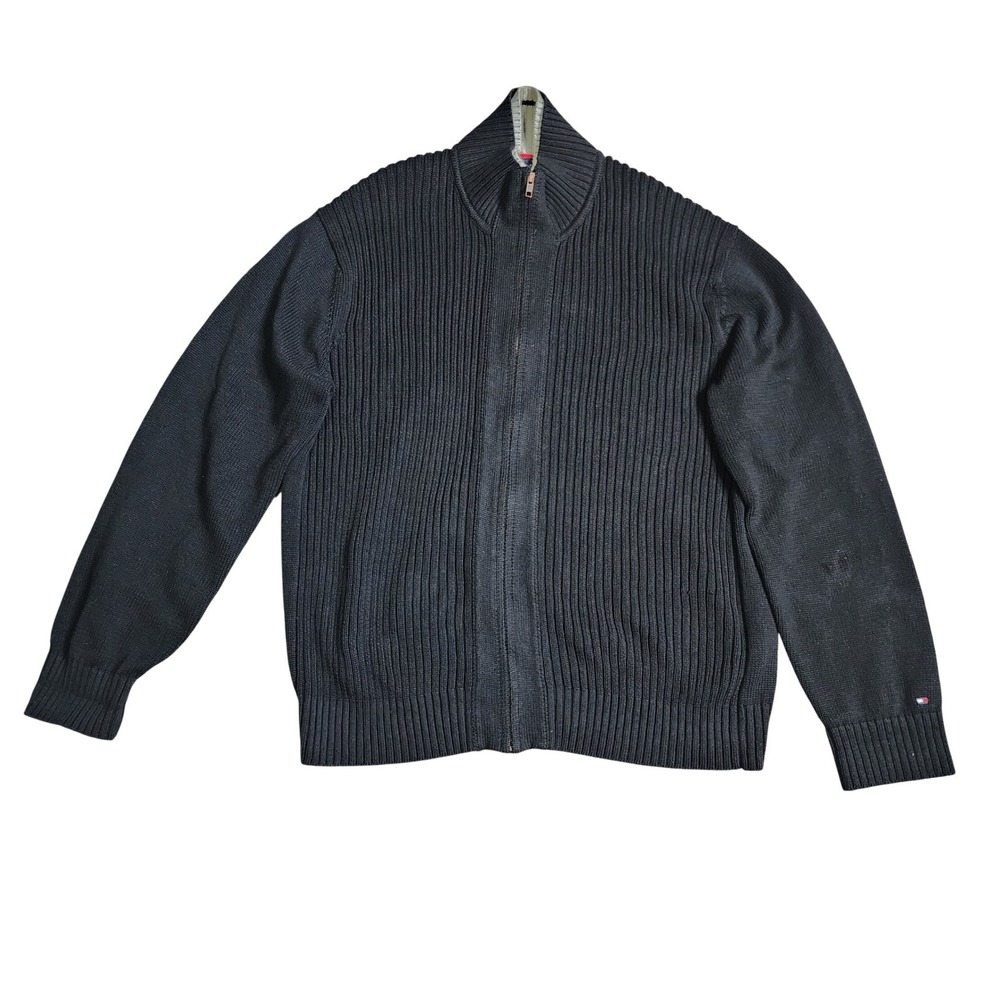 Tommy Hilfiger Mens XXL Black Ribbed Full Zip Mock Neck Cardigan Sweater